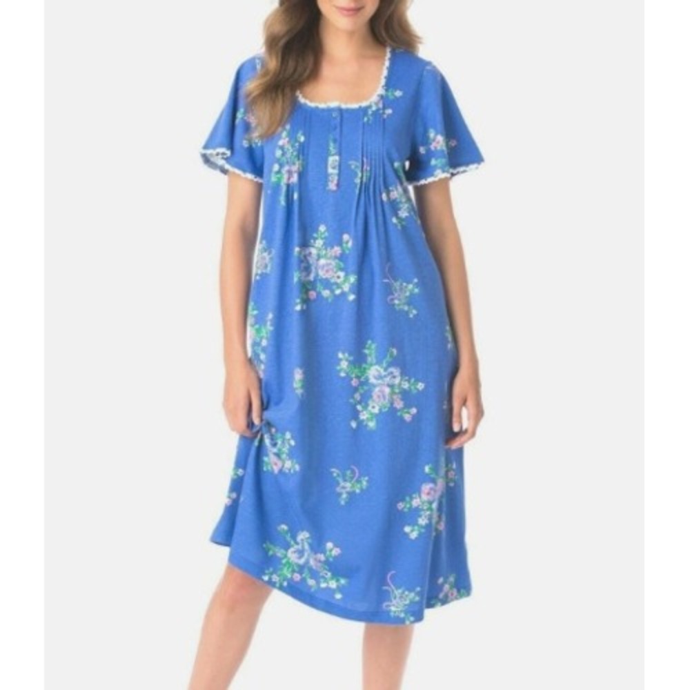 Only Necessities Blue Floral Nightgown Short Sleeve Lace Trim Plus Size 14 16